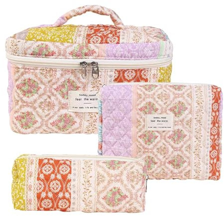 3 Stück Gesteppte Kosmetiktasche mit Blumenmuster, Reise Kosmetiktasche, Blumen Make up Tasche, Groß Fassungsvermögen Baumwolle Kulturtasche Makeup Kulturbeutel Organizer Tasche, für Damen