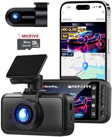 Miofive Dash Cam Front & Rear Dual Channel – Front 4K UHD + Rear 2.5K, Built-in GPS & 5GHz WiFi, 3.0″ IPS Screen, HDR & Night Vision, G-Sensor, 24-Hour Parking Mode, 32 GB Card Included