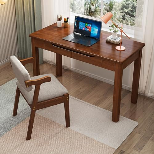 Escritorio de madera de roble macizo con 2 cajones, mesa de estudio pequeña moderna para oficina en casa, escritorio de computadora para espacios pequeños (31 pulgadas, nogal)