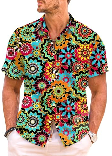 Meilicloth Hawaii Hemd Männer Hippie Hemd Herren Kurzarm Sommer Blumen Freizeithemd Kurzarmhemd 70er Jahre Hemden Party Disco Unisex Urlaub Strand Shirt Sommerhemd Regular Fit A Schwarz XXL