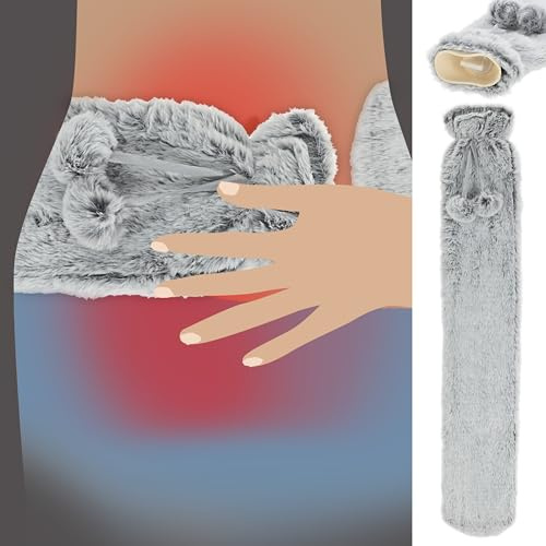 Wärmflasche Schlauch flauschig extra lang | 72x14x5cm grau Kautschuk Polyester | Thermophor Füllmenge 2 L (1 x Schlauchwärmflasche grau)