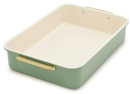 GreenPan Bakeware - Teglia rettangolare per torte, in ceramica antiaderente, priva di PFA, resistente alle deformazioni e ai graffi, adatta al forno ad alte temperature, manici dorati, lavabile in