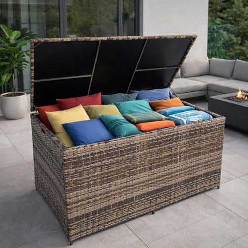 ESTEXO Polyrattan Auflagenbox XXL Kissenbox 870 Liter Gartenbox Gartentruhe Aufbewahrungsbox (Beige-Braun)