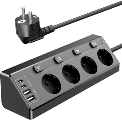 Vipwell Ecksteckdose mit Unabhängigem Schalter, Steckdosenleiste Mit 4 USB (2 USB C)+4 Fach Steckdose Mit Kindersicherung, 3680W, 2M Verlängerungskabel für Küche, Büro, Haushalt (Schwarz)