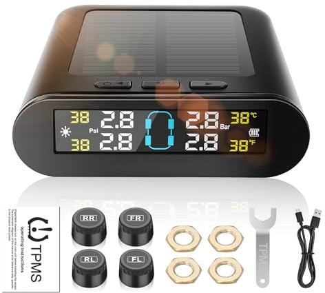 Avutrel Système de surveillance de la pression des pneus TPMS solaire sans fil et USB, double charge, 5 modes d'alarme, 4 capteurs externes, pour caravanes, voitures, SUV, 0-3,5 bar, plage de -20 ℃ à