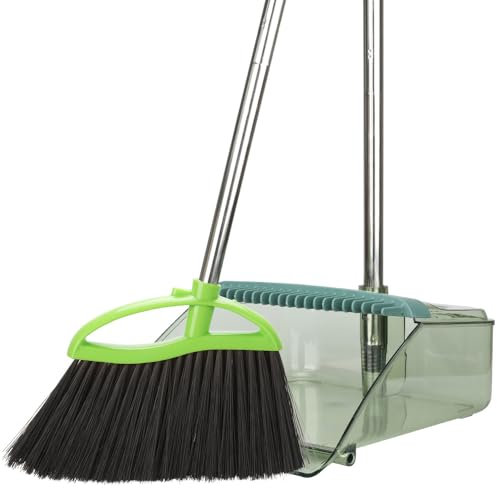 Soft Bristles Green Angle Broom and Dustpan Set, Long Handle Household Indoor Broom with Dustpan Combo Set for Room Kitchen Lobby Office Hardwood Floor Sweeping Floor Cleaning