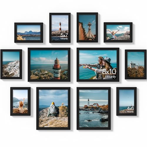 Vittanly 12 Pack Picture Frames Collage Wall Decor for Mounting or Tabletop Display, Gallery Wall Frame Set for Family, Multi Sizes Including 4pcs 8x10, 4pcs 5x7, 4pcs 4x6, Black