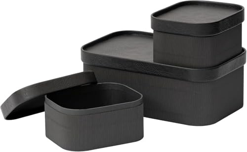 LA JOLIE MUSE 3er-Set Aufbewahrungskörbe aus geriffeltem Karton mit lederähnlichen Deckeln, stabile stapelbare Papierboxen, dekoratives Tablett, Schwarz