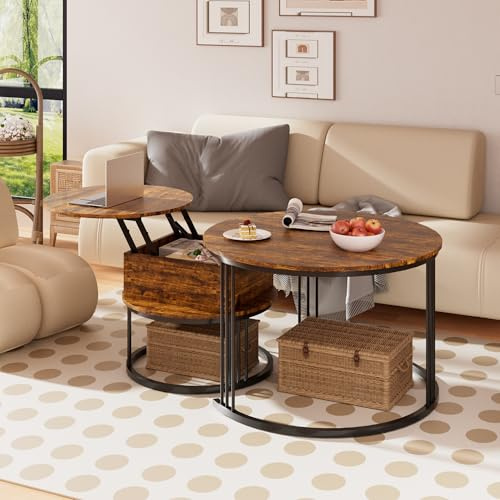 PURFINO Runder Nesting Couchtisch,höhenverstellbar mit verstecktem Stauraum | Hydraulischer Mechanismus, 2er Set, für Wohnzimmer, kleine Räume & Home Office, Ø70/50cm