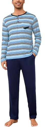 Aseniza Schlafanzug Herren Lang Winter Baumwolle Pyjama Set Warmer Langarm Loungewear Sleepwear Langarmshirt und Pyjamahose C#Blau XL