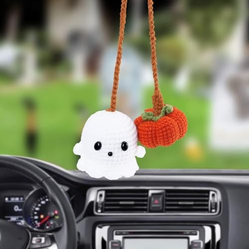 Halloween Auto Ornament Häkeln Kürbis und Geist Auto Anhänger für Auto Spiegel Polster Zubehör Handgestrickt Spiegel Charm