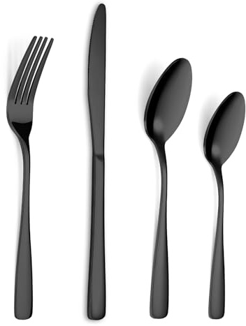 BEWOS 32 Pcs Stainless Steel Cutlery Set for 8 People - Black Cutlery with Ergonomic Handle, Black Knife and Fork Sets Ideal for Family Dining, Camping, Mirror Polished & Dishwasher Safe