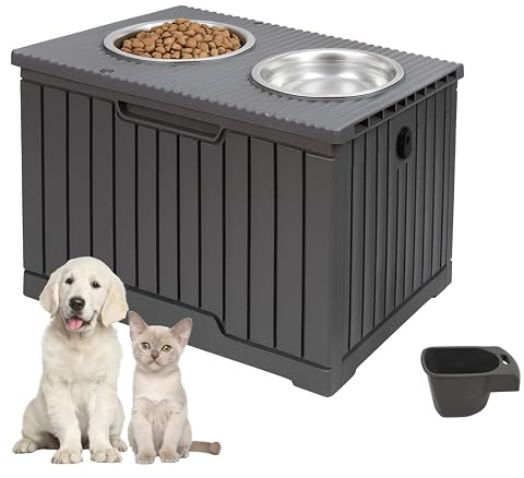 DIVCHI 2 In 1 Raised Dog Bowls Pet Food Storage Container with Double Stainless Steel Bowls & Scoop Feeding Station for Dogs & Cats