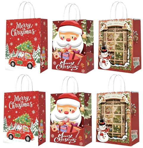 ZORVYN 6 Stück Geschenktüten Weihnachten, Personalisierte Weihnachtstüten, Geschenktüten mit Weihnachtsbaum, Papiertüten für Geburtstagssüßigkeiten, Partys, Märkte