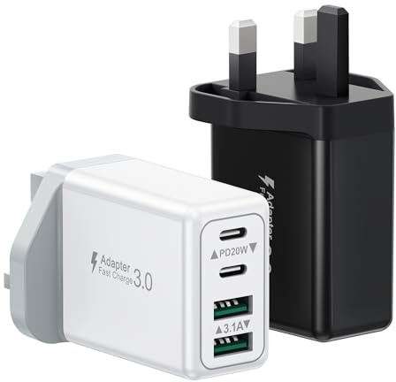 Saqykan 2-Pack 40W 4-Port Fast Charger Plug UK Dual PD Power Adapter+QC Double Wall Plug Multi Type C Charging Plug for iPhone 17 16 15 14 13 12 11 Pro Max Plus, Samsung USBC Plug Fast Chare Head