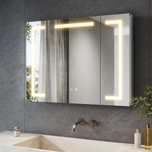 SONNI Spegelskåp med belysning 80 x 60 cm, 3 dörrar LED-spegelskåp badrum med anti-dimning, uttag, 3 ljusfärger, dimbar, aluminium, IP44 vattentät