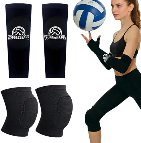 DuoLiAnLiang Volleyball-Schutz Set, 1-Paar Armstulpen + 1-Paar Knieschoner, Sport Unterarm Ärmel -Handgelenkstützemit Schutzpolster und Daumenloch, Schwamm Kollision Knieschutz Knie Schoner (Black-M)