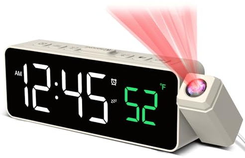 Netzu Projection Alarm Clocks for Bedrooms, Digital Clock with Temperature, 180° Projector, 4 Dimmer, 3-level Volume, Snooze, 12/24H, Plug In Alarm Clock Bedside Projector on Ceiling Wall