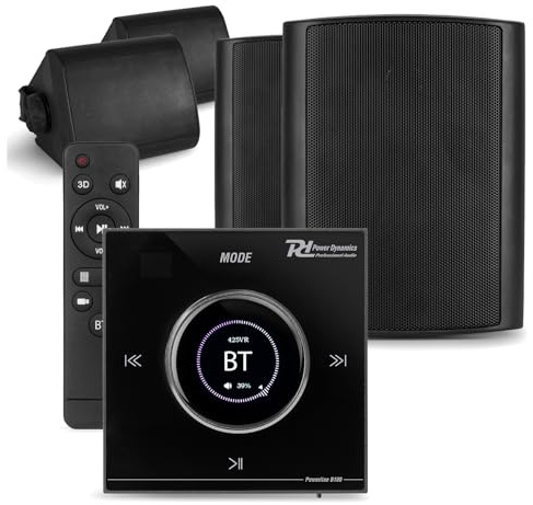 Power Dynamics Powerline B100B Complete Garden Wall Speaker System – 4x 5.25 IPX5 Outdoor Speakers, 4-Zone Bluetooth Amplifier, Cables, Black – Home Audio Solution
