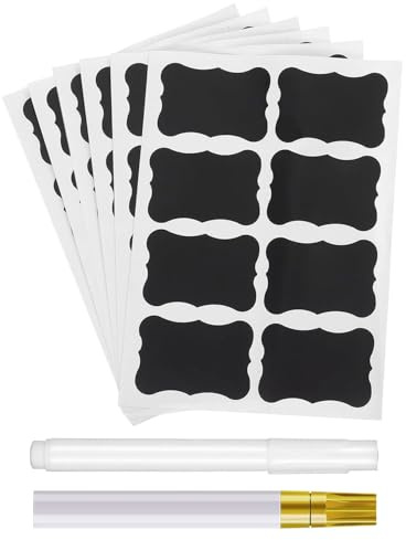 LEEQBCR 48 Étiquettes Ardoise Adhésives Réutilisables et Imperméables, Faciles à Poser et Retirer, Idéales pour Pots en Verre, Cuisine et Organisation, avec Stylo Blanc et Jaune