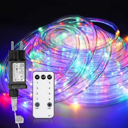 Vkechh Lichterschlauch Aussen 20m, Bunt 200 LEDs IP65 Wasserdicht, Dimmbar Fernbedienung Timer 8 Modi Memory für Garten Balkon Hochzeit Party Lichterkette Innen Außen