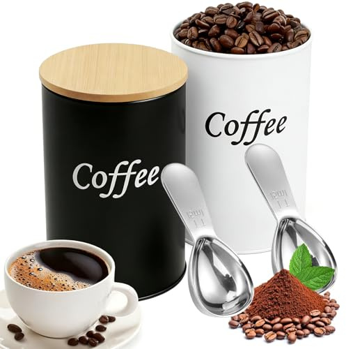 WhaleO Set de 2 Bote Cafe Hermético con Tapa de Bambú y Cuchara, Bote Hermetico Cafe, Conservando Aroma y Frescura, Recipiente Cafe Hermetico Tarro Cafe para Granos de Café, Café Molido, Cápsulas