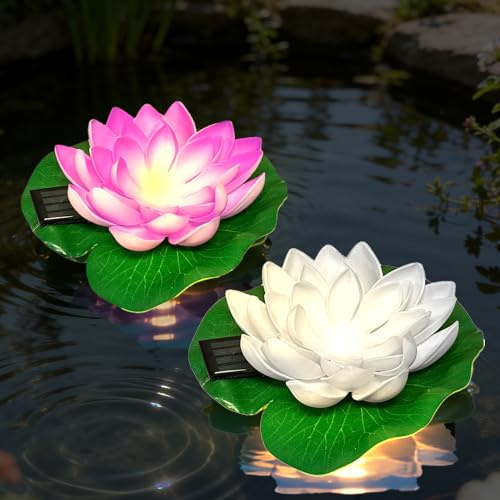 SKIKHN 2 Stück Schwimmende Lotuslichter,Seerose Lotusblüte,LED Solarbetriebene Lotus Laterne,IP65 Wasserdichte Solar Schwimmende Blumen für Garten Hof,Schwimmbad,Brunnen und Aquarien (Lila,Weiß)