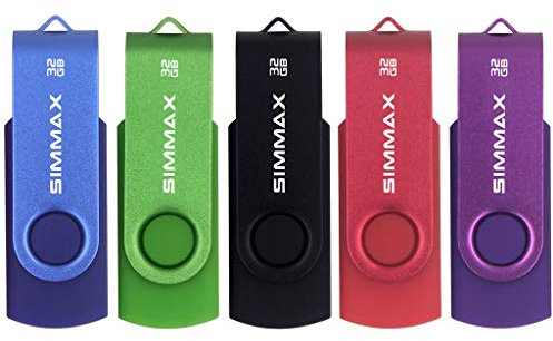 SIMMAX Clé USB 32 Go Lot de 5 USB 2.0 Flash Drive Pivotant Stockage Disque Mémoire Stick Pendrive (32Go Bleu Vert Noir Rouge Violet)