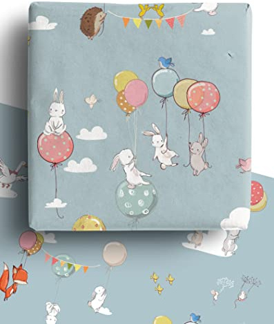 4 x Bunnies and Balloons Wrapping Paper Sheets 70cm x 50cm - Premium Recyclable Animal Gift Wrap for New Baby, Easter and more