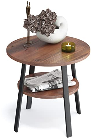 stardis Beistelltisch rund stabiles Metallgestell/Holz Ø43xH 44 cm, 2 Ablagen Nachttisch Couchtisch für Wohnzimmer Schlafzimmer, Walnuss-Optik