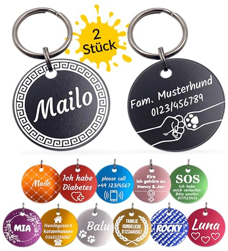 Unikat Branding | Hundemarke personalisiert im Doppelpack, Erkennungsmarke für Hunde & Katzen, beidseitig gravierbar mit Name, Telefonnummer & Adresse, Adressanhänger rund | 30mm