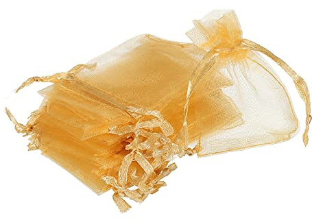 sourcing map 50 Stück Organzasäckchen, 5x7cm Geschenksäckchen Schmuckbeutel Säckchen mit Kordelzug, Organzabeutel für Hochzeit Party Weihnachten Süßigkeiten, Gold