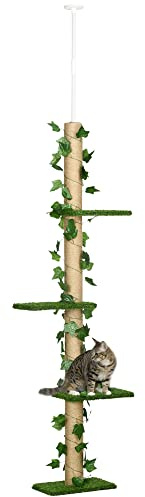 Pawhut Árbol para Gatos de Suelo a Techo 3 Plataformas 202-242 cm Verde