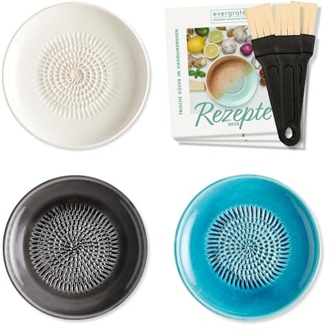 evergrate Keramikreibe 3er Verschenkset - Cremeweiß, Anthrazit, Türkis mit Küchenpinseln und Rezeptheften