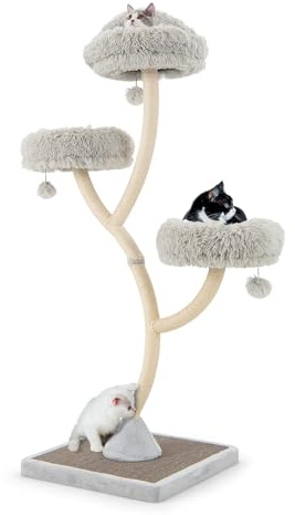 SOARS Kratzbaum groß, Katzenbaum stabil mit Eisengestell, Katzenkratzbaum mit 3 Plüschplattformen & Pompons, Katzen Baum aus Sisal, Höhe 178 cm (Grau)