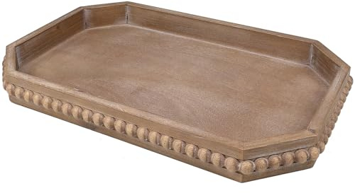 Hrastany Wood Rustic Serving Tray with Beads, Farmhouse Brown Decorative Tray for Table Centerpiece, Christmas Wedding Halloween Home Decor