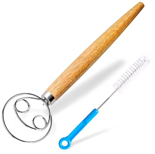 Dkoyied Danish Dough Whisk Large Bread Mixer 13 Inches Premium Stainless Steel Whisk Traditional Dutch Style Bread Making Tools, Whisking Tool with a Cleaning Brush