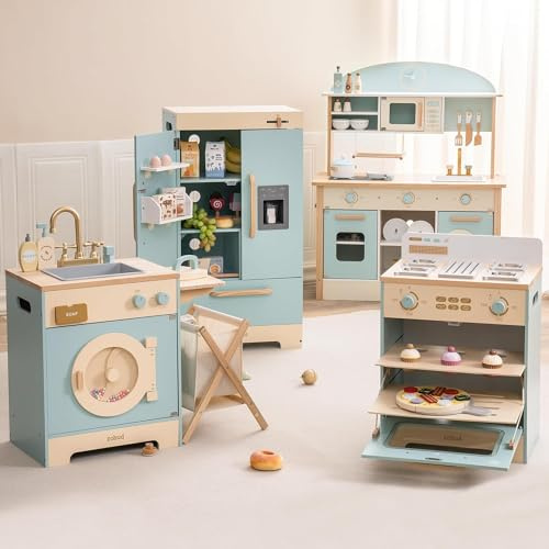 ROBOTIME Wooden Play Kitchen, Toddler Kitchen Playset with Oven, Fridge & Washing Machine, Kids Kitchen Playset Gift for 3+ Year Old Boys & Girls