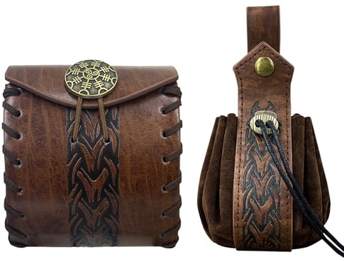 EpicCos 2 st medeltida fuskläder bältesväska, renässans dragsnöre påse tärningsväska, vintage sidopack myntväska för LARP, Brun a, One Size Fits All, Stil A