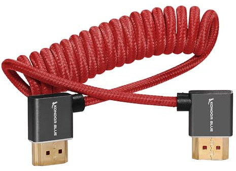 KONDOR BLUE 4K Right Angle HDMI to HDMI Thin Short Coiled Braided Cable for On-Camera Monitors, Capture Cards + More | 4K/60hz | 18Gbps 3D HDR MetaData | 12 ~ 24 Inch | Red