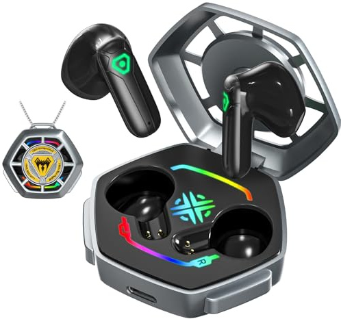 ANCwear Gaming Bluetooth Kopfhörer mit LED-Licht – Kabellose TWS In-Ears mit Touch-Steuerung, USB-C, 20 Std. Laufzeit – Sci-Fi Design mit Aufklebern – Geschenk für Gamer & Technik-Fans