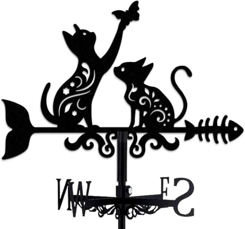 INFUNLY Wetterfahne Mit Katzenmotiv Katze Fischgrätenmuster Metall Wetterfahne Mit Schwarzem Schmetterling Windfahne Niedlicher Tier Wetterhahn Aus Eisen Katzen Windrichtungsanzeiger 14.1x10.65 cm