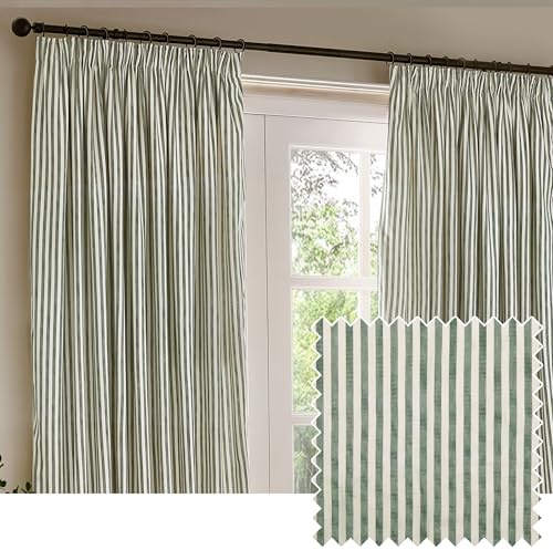 Yard Hebden Pencil Pleat Curtain Pair – Ultra Soft Cotton Lined Striped Curtains (Forest - 117x137cm)