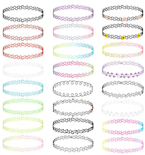 YiliYa 24 Stück Tattoo Choker Halskette Set Mode Stretch Gothische Elastische Halsband Schmuck-Sets Damen Halskette Schmuck für Frauen Mädchen,Halsketten-Set,choker
