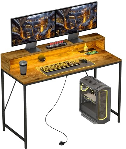 HOMCOM 120cm Computer Desk with LED Lights and Power Outlets, Gaming Desk with Monitor Stand, Computer Table with Remote for Home Office Study, Rustic Brown