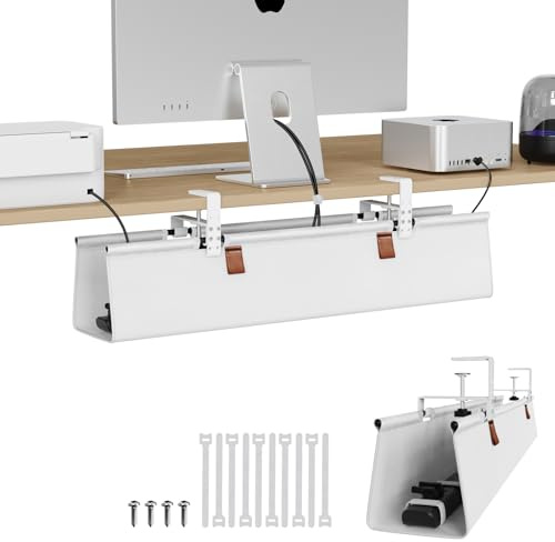 KEEGH Under Desk Cable Management Tray White- 30 No Drill Cord Management Under Desk - Clamp/Screw Mount - Premium Fabric Wire Management - Gaming/PC Cable Tray Cord Hiders for Office/Home