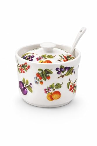 LEONARDO LUXURY HOME DESIGN Formaggiera 350 ml in Porcellana con Cucchiaino e Coperchio Decoro Frutta Barattolo per Parmigiano Zucchero o Salse Elegante Idea Regalo (Frutta)