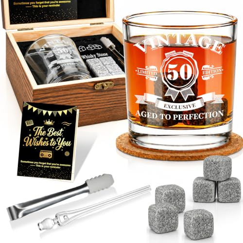 EXREIZST 1976 Whisky Glass Set – 50th Gifts for Him, Box & Stones | 1976 Vintage Whisky Set with Wood Box, Stones, Pipette & Tongs – Ideal 50th Gift for Husband Dad