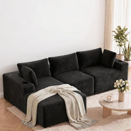 HAUSPROFI Ecksofa mit Schlaffunktion, Modulares Sofa L-Form mit Cord-Bezug - 4-Sitzer mit Recamiere, vakuumverpackt, inkl. 5 Kissen & Getränkehalter (Schwarzgrau)