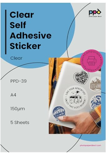 PPD 5 Sheets A4 Vinyl Sticker Paper Clear Transparent Printable Inkjet | Self-Adhesive Premium Backing. Waterproof, Tear-Resistant, and Quick-Drying Sheets for Labels and Custom Decals. PPD-39-5